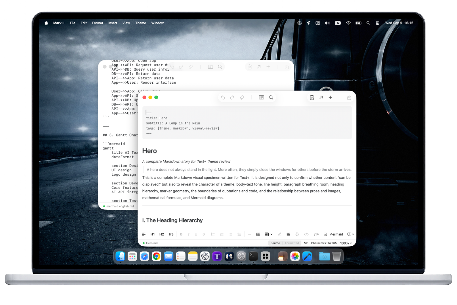 A MacBook displaying Mark II in Source and Formatted modes