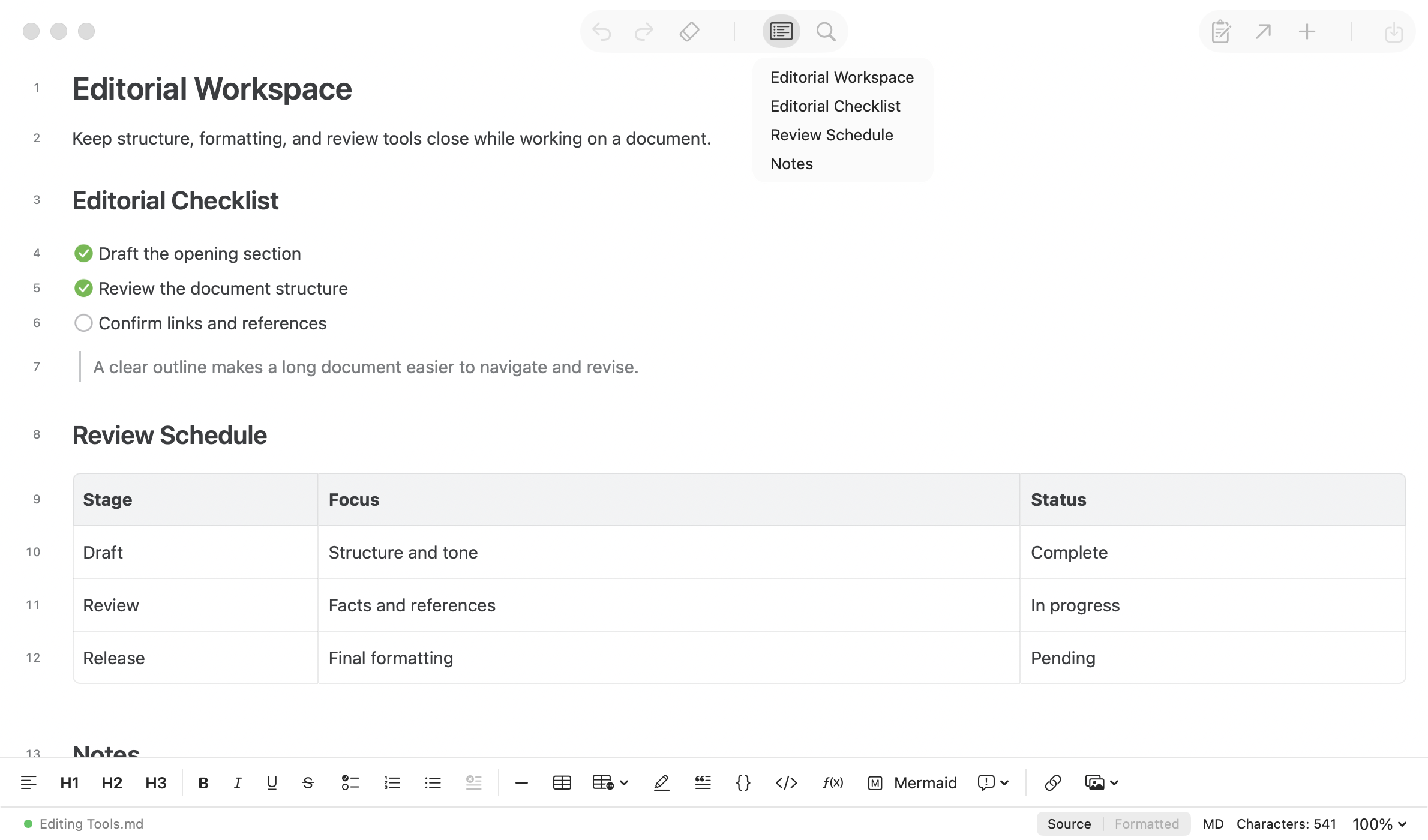 Mark II in Formatted mode with the table of contents, format bar, line numbers, and document status visible