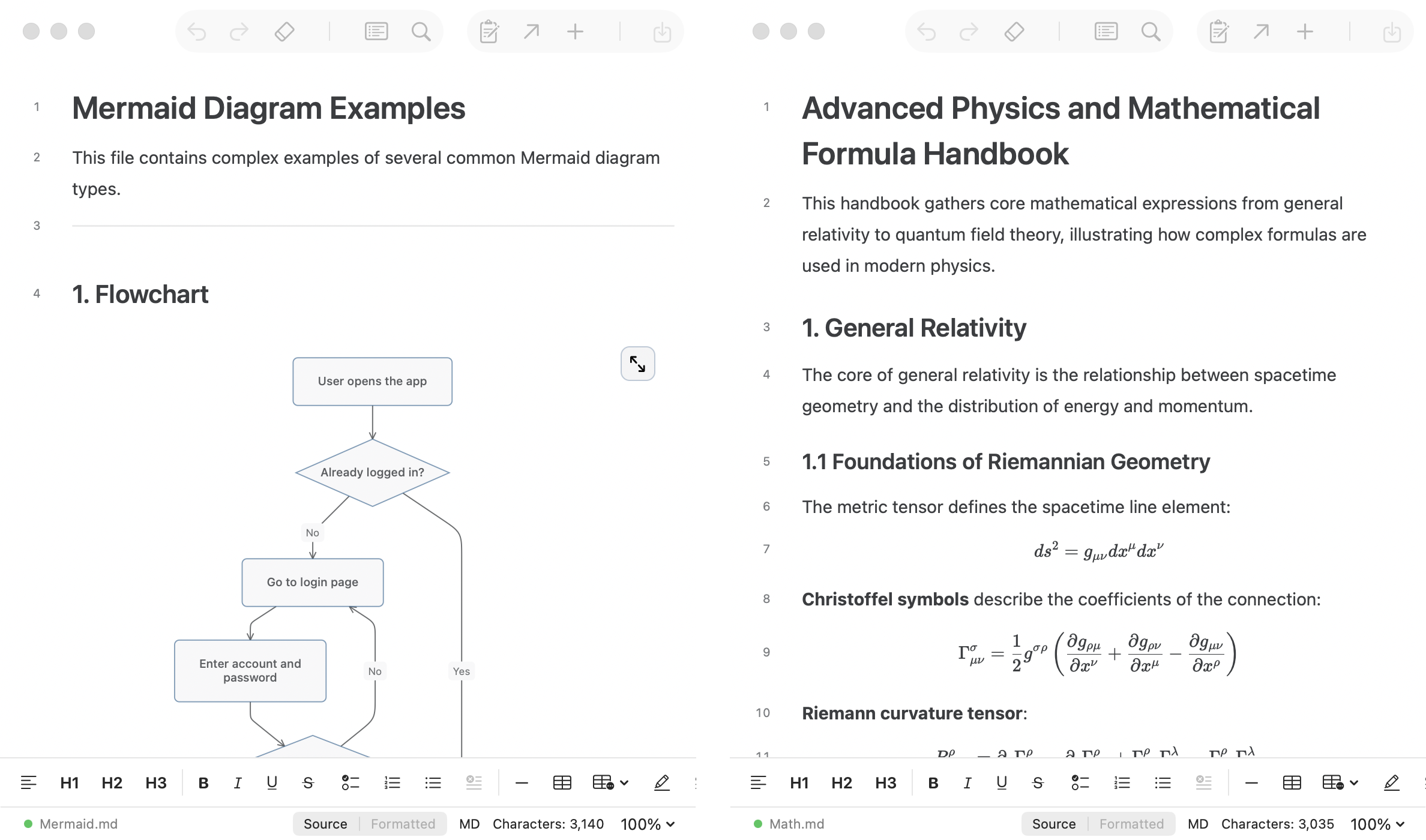 Mark II displaying an English Mermaid flowchart and a document with mathematical formulas